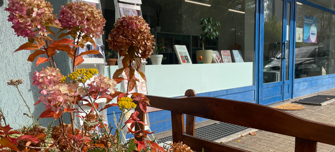 Herbstlicher Blumentopf vor dem Schaufenster der Schweizerischen Bibelgesellschaft